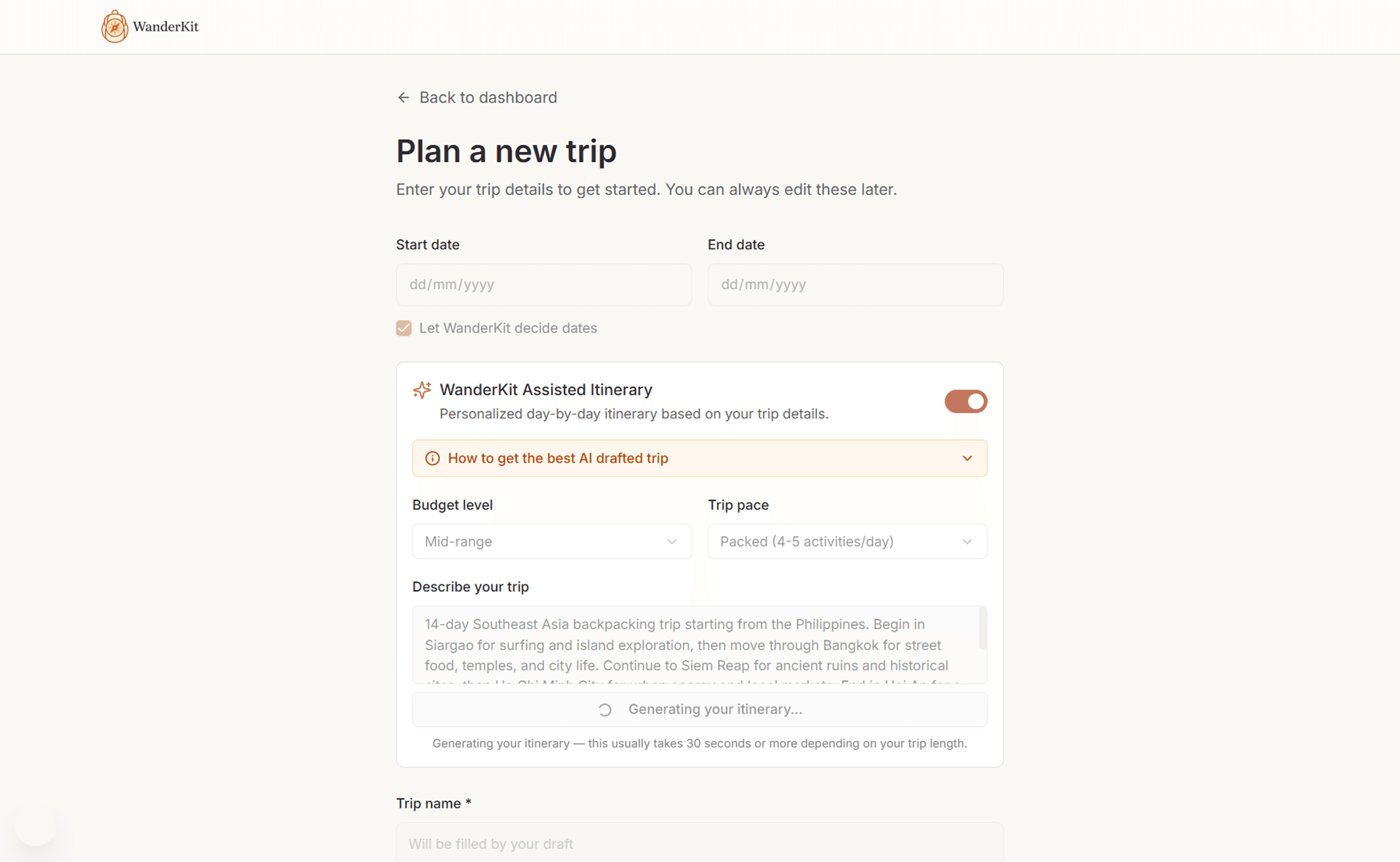 WanderKit trip generation — AI prompt to itinerary