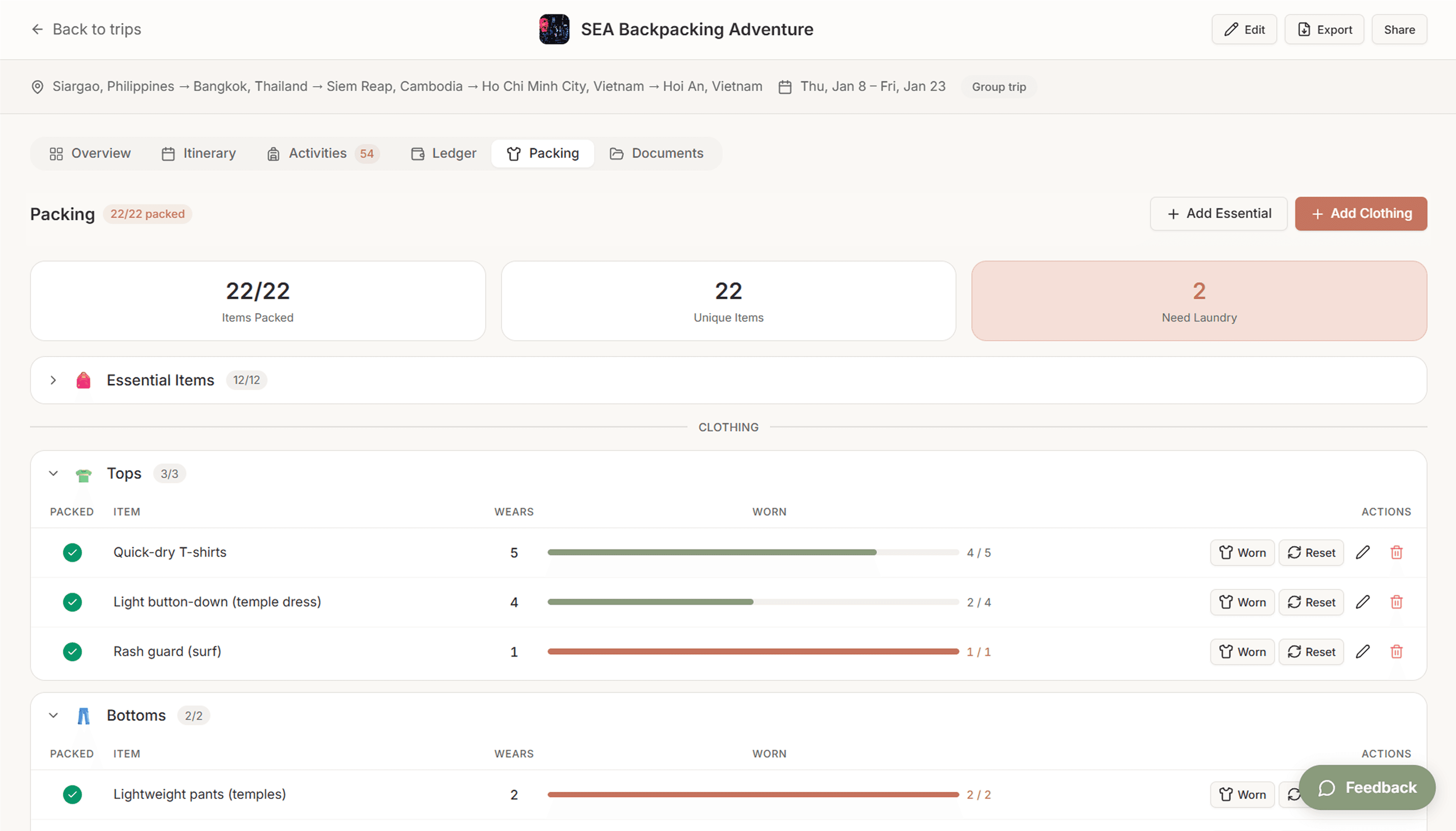 WanderKit Packing tab